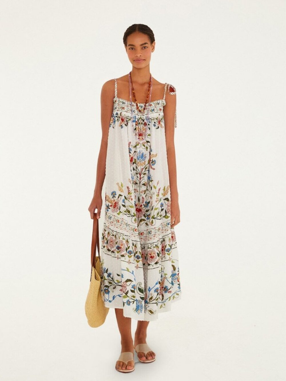 FARM Rio White Floral Maxi Dress with Multicolor Embroidery